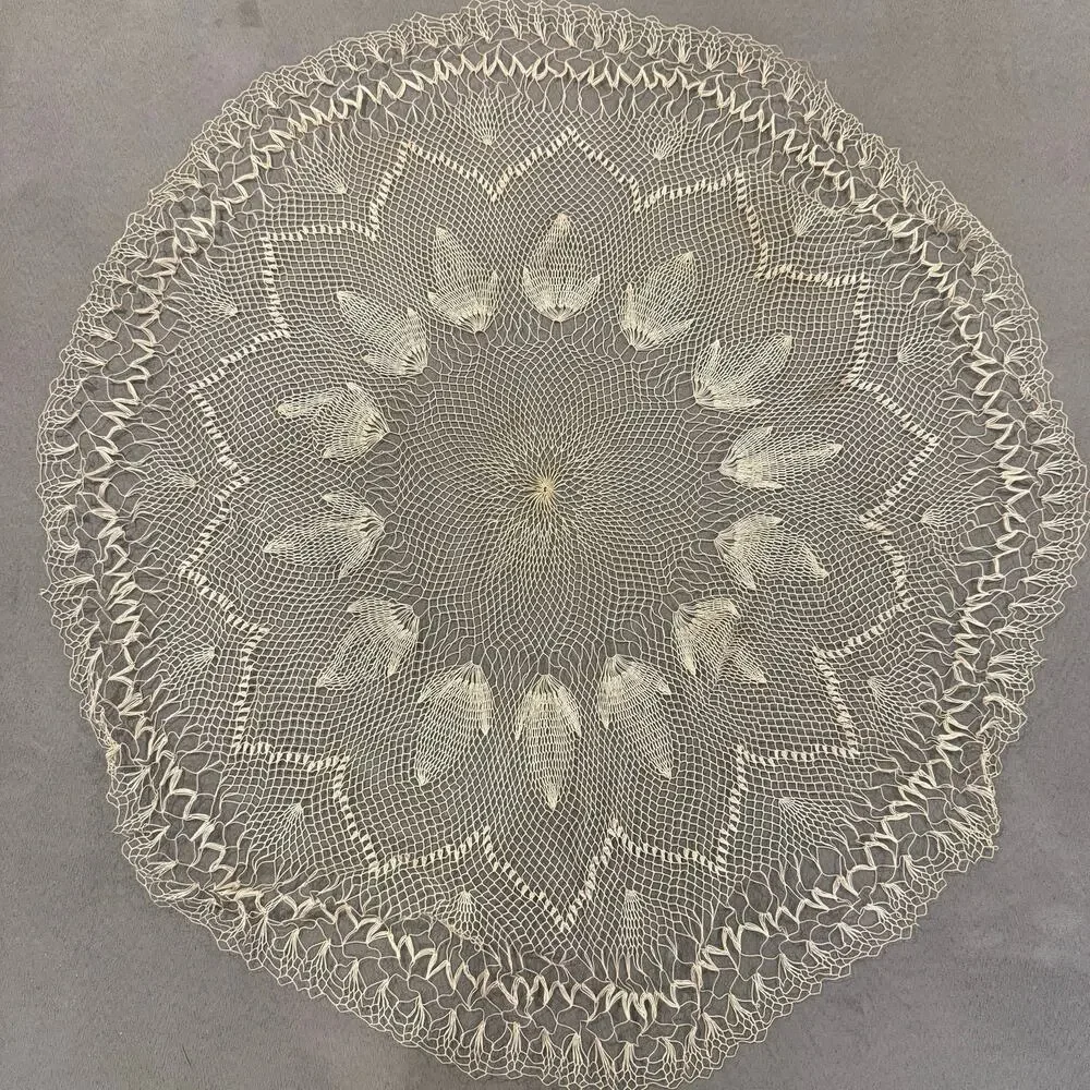 Vintage Embroider Net Mesh Lace Large Round Doily Vanity Table Topper Linen